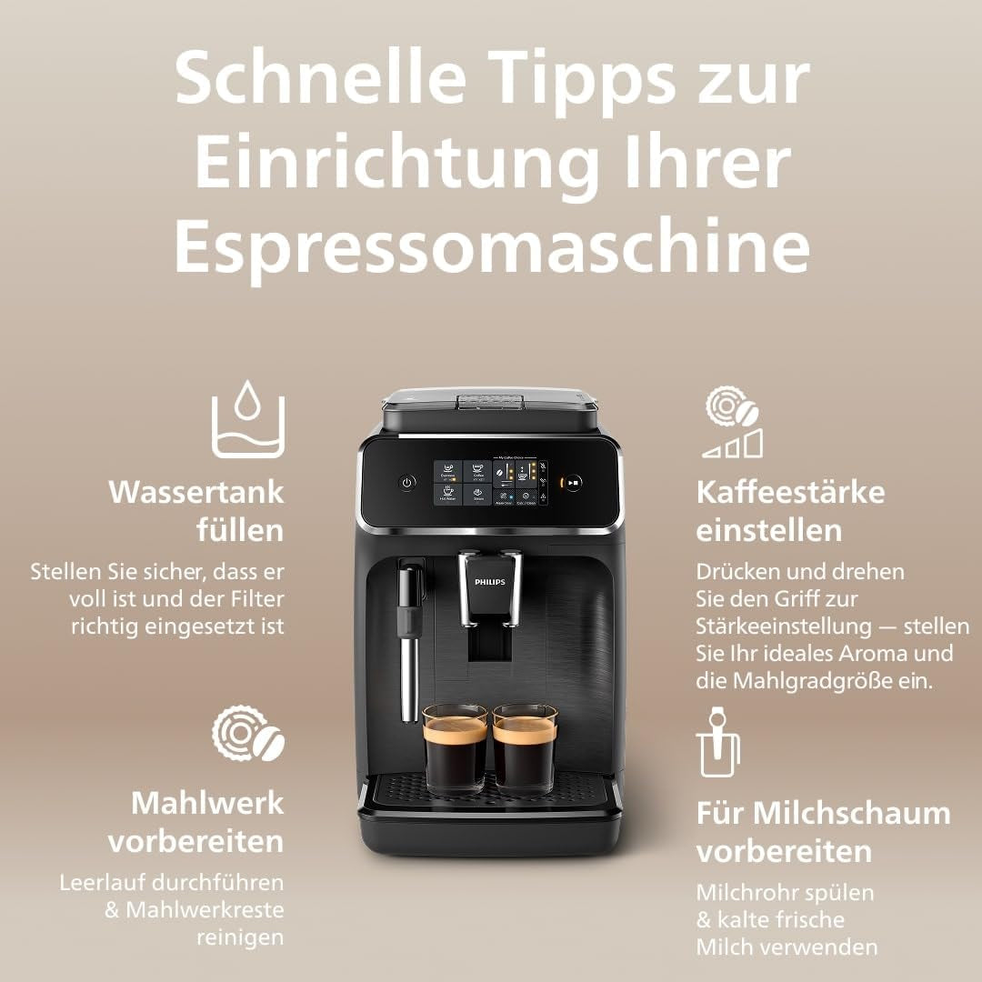 PHILIPS automatische espressomachine 2200 series - 2 koffiespecialiteiten, touch display, klassieke melkopschuimer, keramische molen, matzwart (EP2220/10)