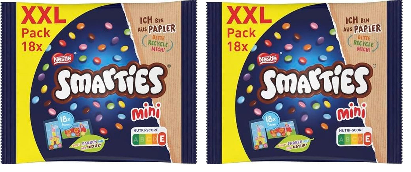 Nestlé SMARTIES Mini XXL-zakjes, chocoladekleurige linzen, ideaal om te delen en te genieten met familie en vrienden, natuurlijke kleuren, recyclebare verpakking, verpakking van 2 (1 x 259 g)