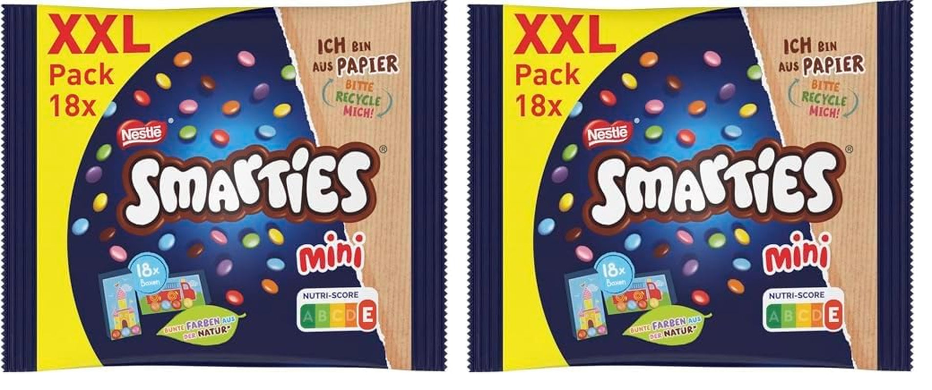 Nestlé SMARTIES Mini XXL-zakjes, chocoladekleurige linzen, ideaal om te delen en te genieten met familie en vrienden, natuurlijke kleuren, recyclebare verpakking, verpakking van 2 (1 x 259 g)