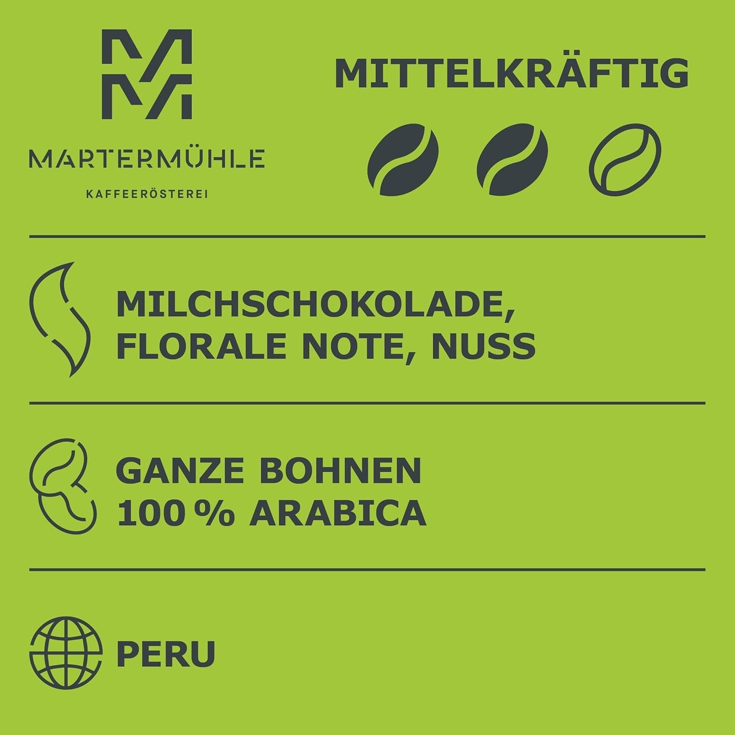 Martermühle Peru Bio Kaffeebohnen 1kg mittelkräftig I Arabica I Aroma: Melkchocolade, Bloemige noten, Noten I Ganze Bio Kaffee-Bohnen schonend geröstet, säurearm