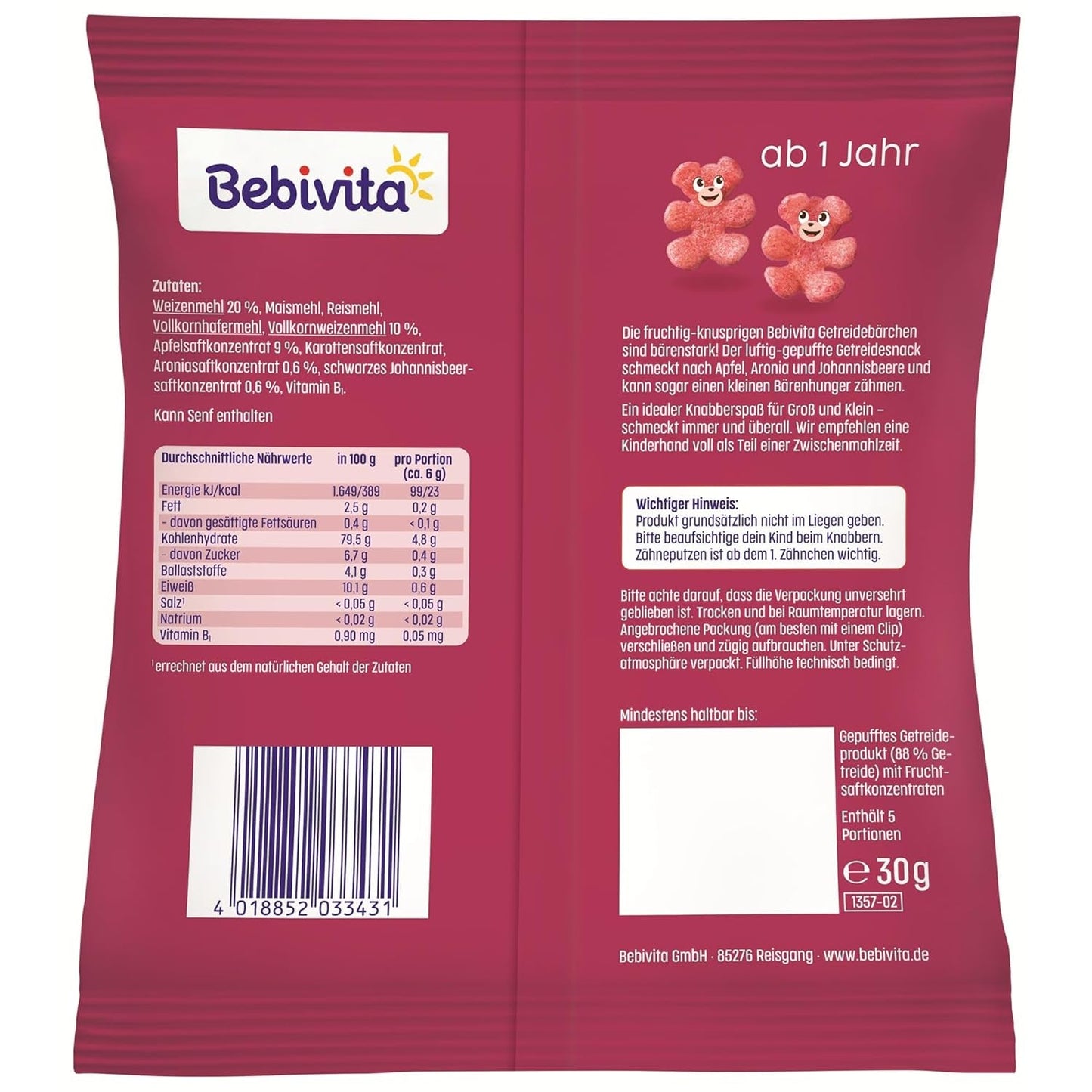 Graanbeertjes met superfruit (9 x 30 g) – snacks voor kinderen vanaf 1 jaar, alleen gezoet met fruit, ideaal plezier voor het hele gezin