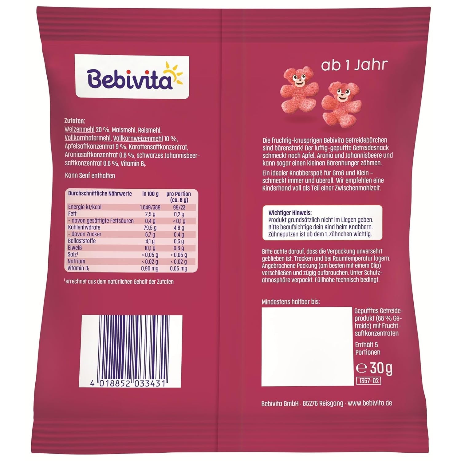 Graanbeertjes met superfruit (9 x 30 g) – snacks voor kinderen vanaf 1 jaar, alleen gezoet met fruit, ideaal plezier voor het hele gezin