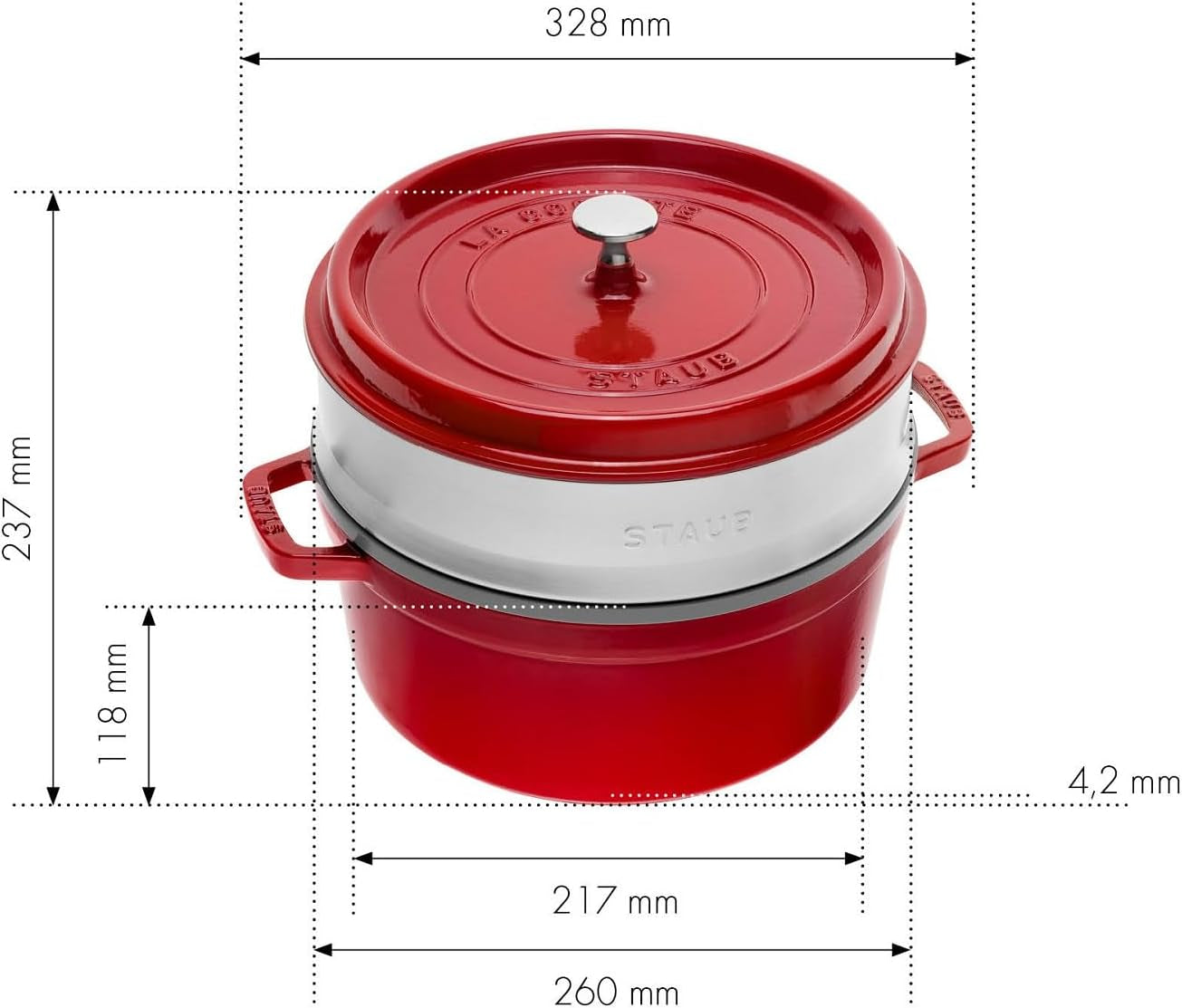 STAUB Gusseisen Bräter/Cocotte, Mit Dämpfeinsatz Aus Edelstahl, Rund 26 Cm, 5,2 L, Aromaregen-functie voor optimale werking, voor alle herdarten Inkl. Induktion & Backofen, Kirschrot, Rot Vormen en bakplaten Naty Shop