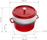 STAUB Gusseisen Bräter/Cocotte, Mit Dämpfeinsatz Aus Edelstahl, Rund 26 Cm, 5,2 L, Aromaregen-functie voor optimale werking, voor alle herdarten Inkl. Induktion & Backofen, Kirschrot, Rot Vormen en bakplaten Naty Shop