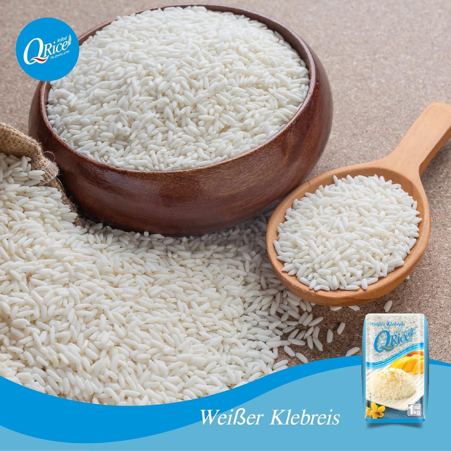 Q RIJST | Weißer Klebreis Langkorn uit Thailand | Aromatisch met klebrigertextuur | Ideaal voor curry's, sushi, mochi of rijstpudding 1 x 1 kg