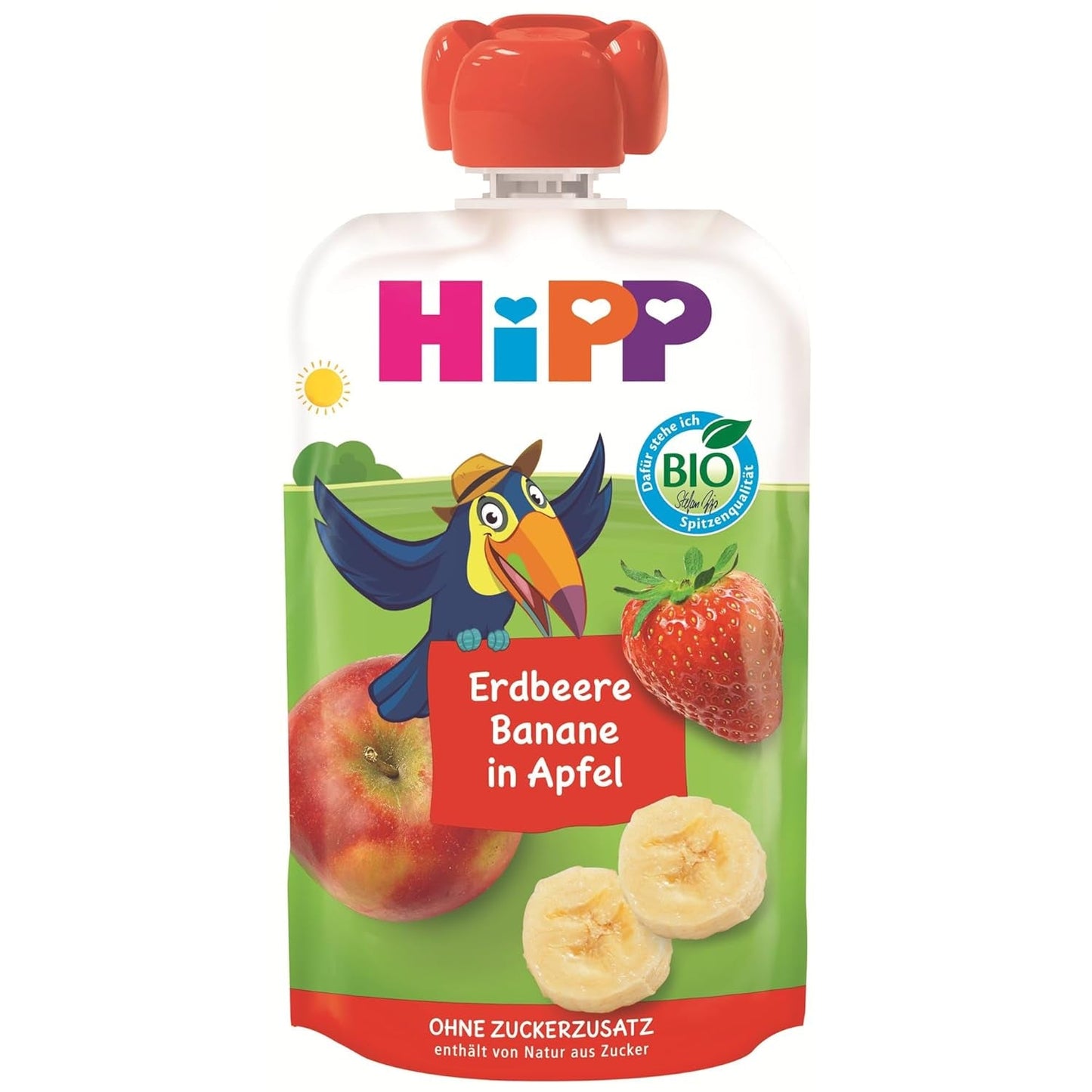 HiPP Biologische knijpbare fruitzak met aardbeien en bananen in appelkleur - Theo Tukan (8 x 100g), vanaf 1 jaar, 100% fruitpuree, geen toegevoegde suikers, vegan, beste biologische kwaliteit
