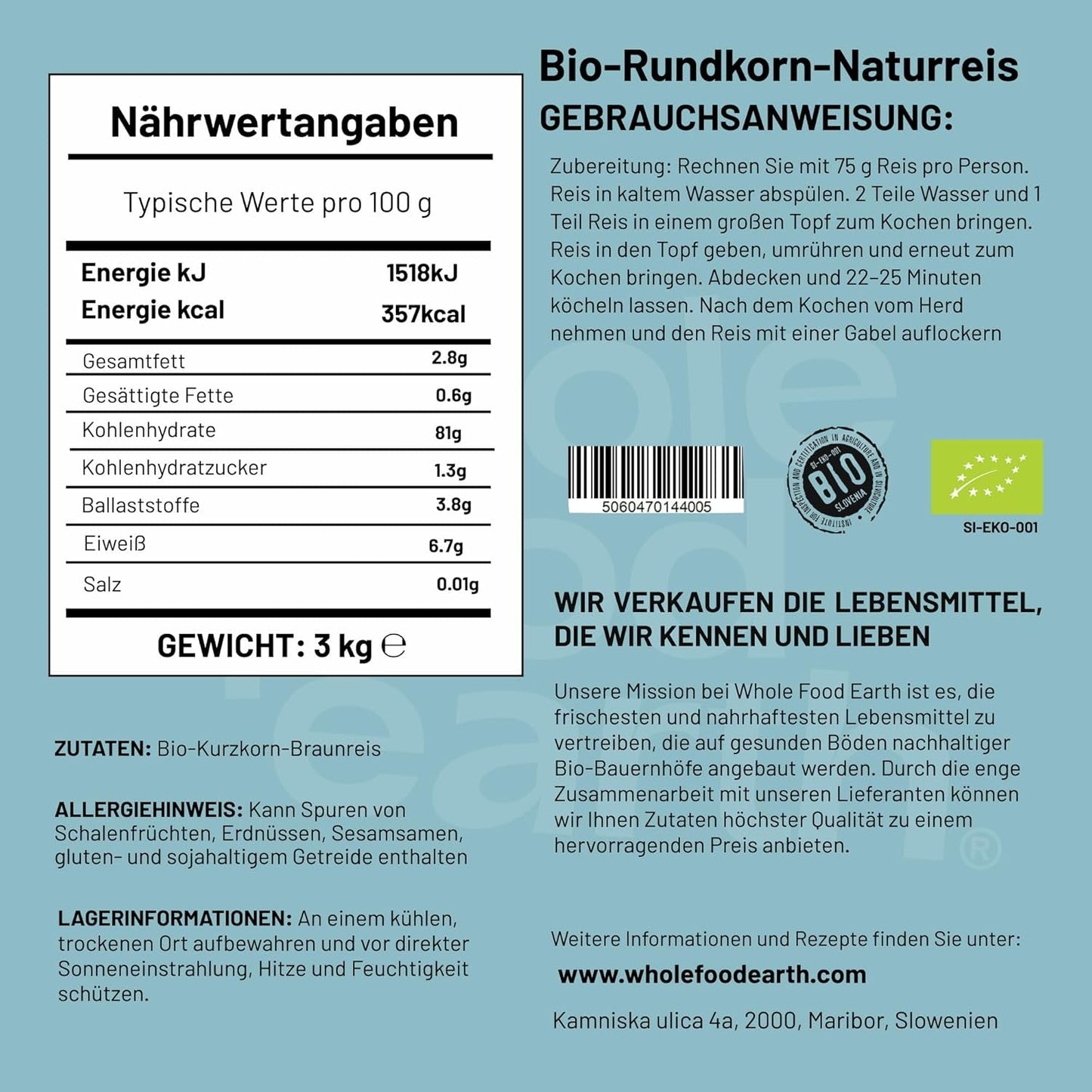 Wholefood Earth biologische kortkorrelige bruine rijst 3 kg niet-GMO veganistische bron van vezels uit gecontroleerde biologische landbouw