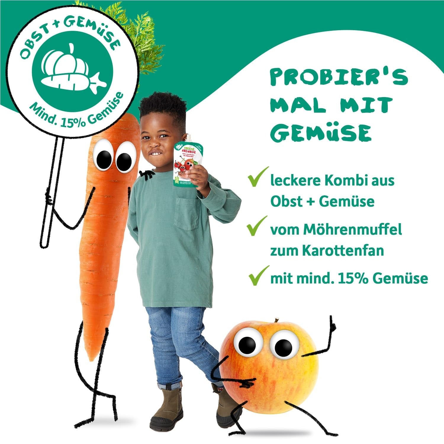 FRECHE FREUNDE Biologisch knijpfruitzakje met appels, aardbeien, rode biet en wortel, fruit- en groentepuree in knijpzakje voor baby's vanaf 6 maanden, veganistisch, 6 stuks (6 x 100 g)