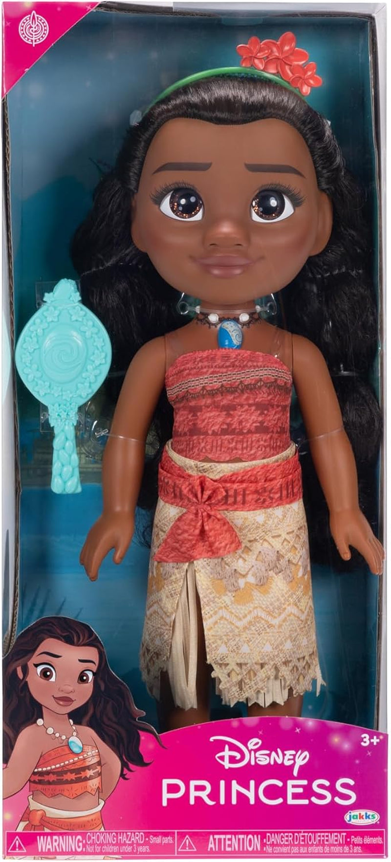 Disney Princess Moana pop van 35 cm, reflecterende glitterogen, beweegbare gewrichten, afneembare outfit, bloemenclip, lang haar, voor meisjes vanaf 3 jaar