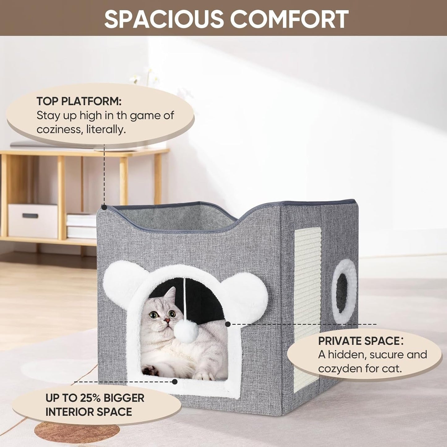 Katzenbetten voor Indoor Katzen, Faltbares Katzenhaus, Katzenhöhle 2 Schicht Würfel Großer Raum Katzenbett met Kratzbrett en Spielball, 15,8 x 15,8 x 15 inch