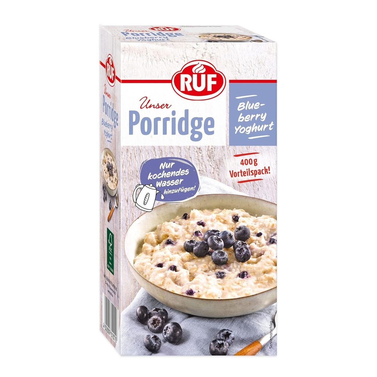 RUF Pap Appelkaneel, met volkoren havervlokken, fijne kaneelsmaak en stukjes gedroogde appels, 400 gram Naty Shop Cereals 400 gram Yoghurt met blauwe bessen
