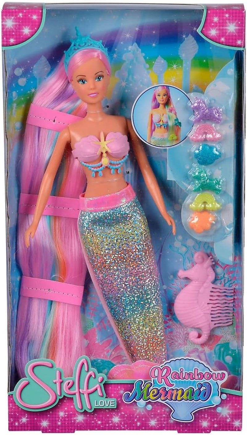 Simba 105733610 - Steffi Love Rainbow Mermaid, regenboog zeemeermin modepop met kleurrijk haar, haarspeldjes, kam en afneembare vin, speelpop 29 cm, vanaf 3 jaar