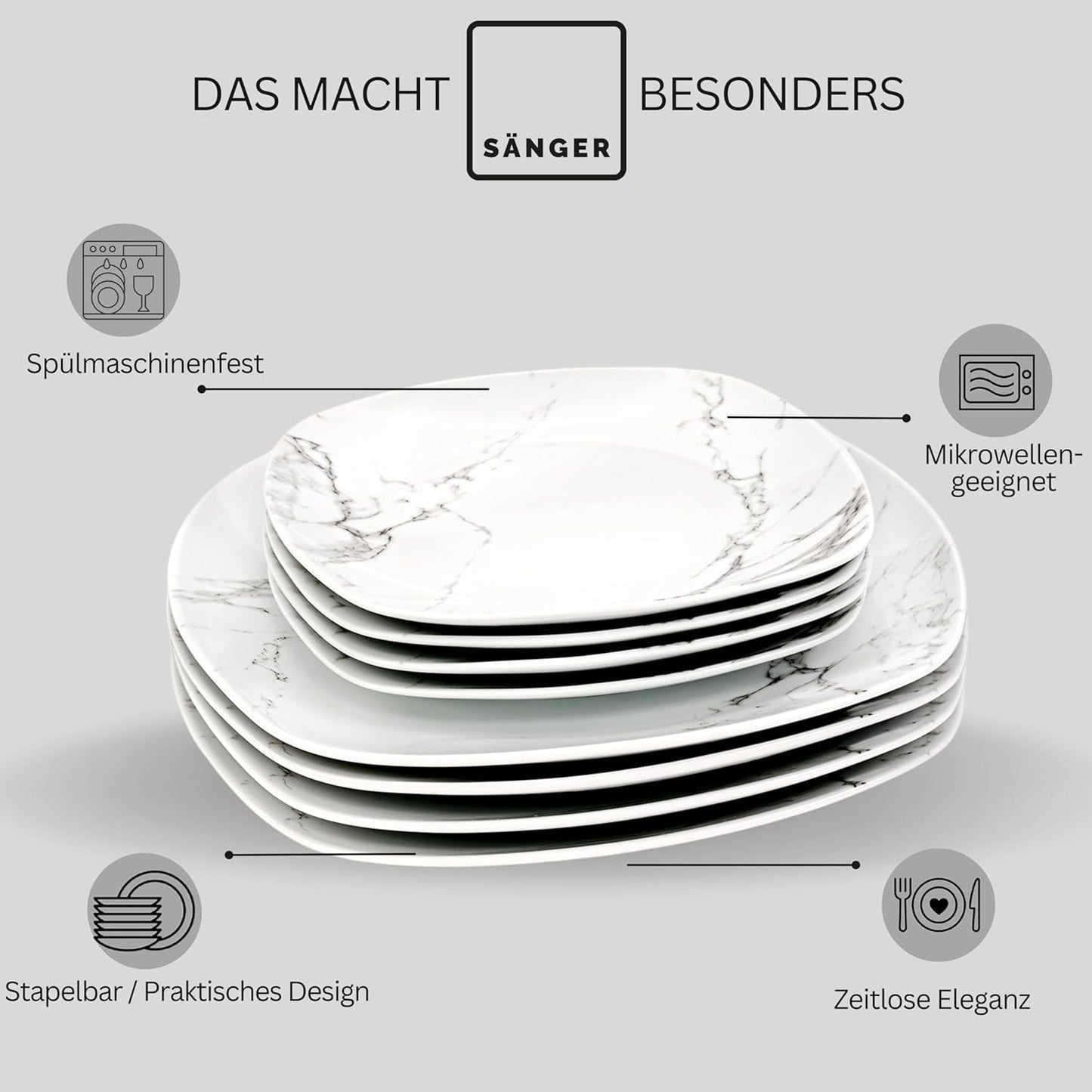 ZANGER | Bilgola Marmeren Combinatie Serviesset 36-delige Serviesset voor 6 personen met Dinerborden, Dessertborden, Suma Borden, Mueslischalen, Koffieborden en Porseleinen Schoteltjes, Vierkant | DE PREMIUM COLLECTIE