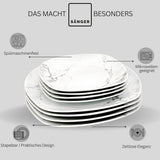 ZANGER | Bilgola Marmeren Combinatie Serviesset 36-delige Serviesset voor 6 personen met Dinerborden, Dessertborden, Suma Borden, Mueslischalen, Koffieborden en Porseleinen Schoteltjes, Vierkant | DE PREMIUM COLLECTIE