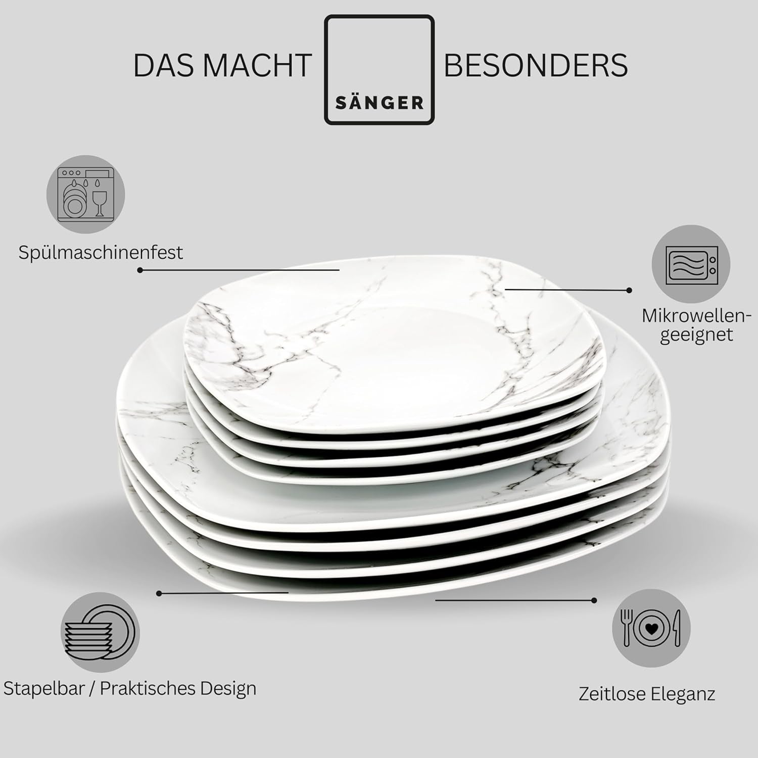 ZANGER | Bilgola Marmeren Combinatie Serviesset 36-delige Serviesset voor 6 personen met Dinerborden, Dessertborden, Suma Borden, Mueslischalen, Koffieborden en Porseleinen Schoteltjes, Vierkant | DE PREMIUM COLLECTIE