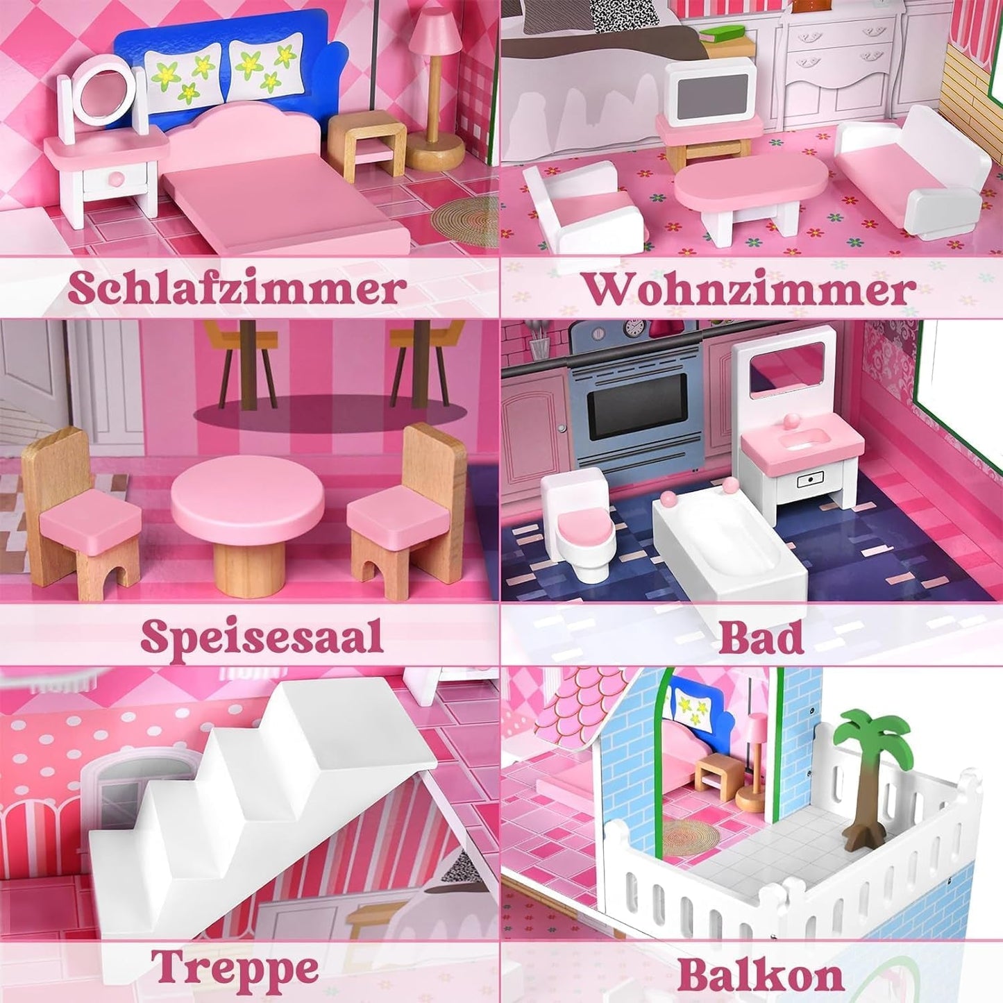HENGMEI Puppenhaus Kinder Holz Puppenvilla poppenhuisset Mädchen Spielset 3 Etagen Haus mit Möbeln und Zubehör, 70x30x100cm Puppenhäuser für Kinder (Typ B)