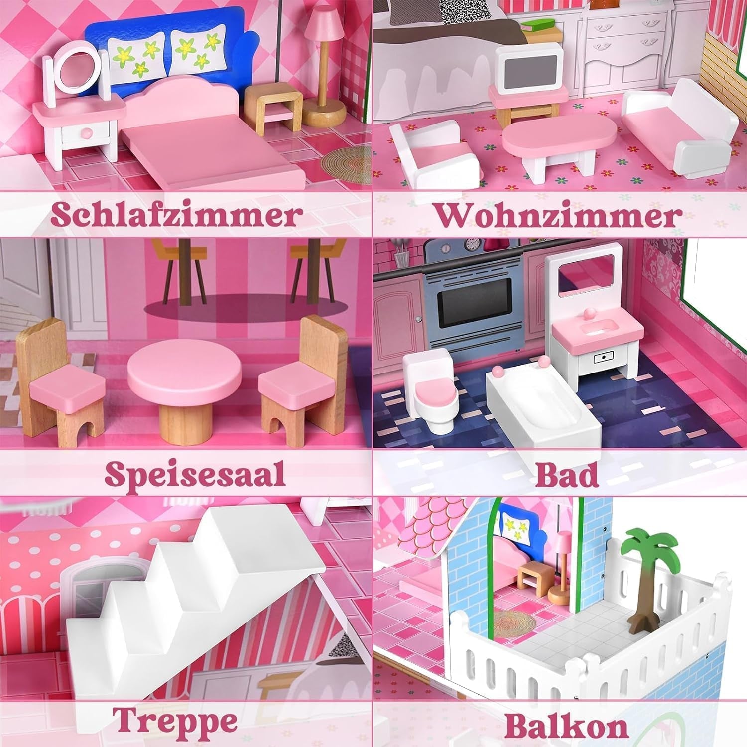 HENGMEI Puppenhaus Kinder Holz Puppenvilla poppenhuisset Mädchen Spielset 3 Etagen Haus mit Möbeln und Zubehör, 70x30x100cm Puppenhäuser für Kinder (Typ B)