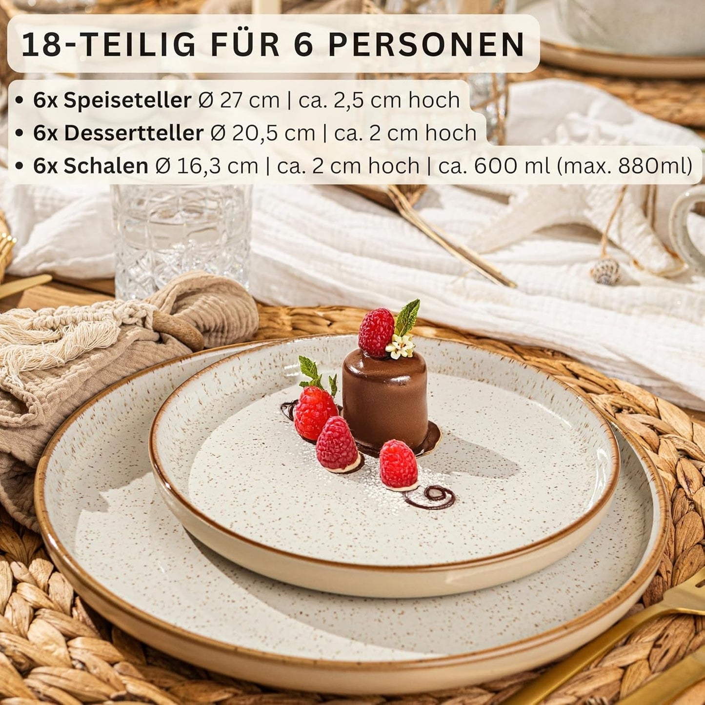 SÄNGER Rio Creme | 18-delige aardewerken serviesset voor 6 personen, inclusief 6 dinerborden, 6 dessertborden en 6 kommen | DE WAARDE-COLLECTIE