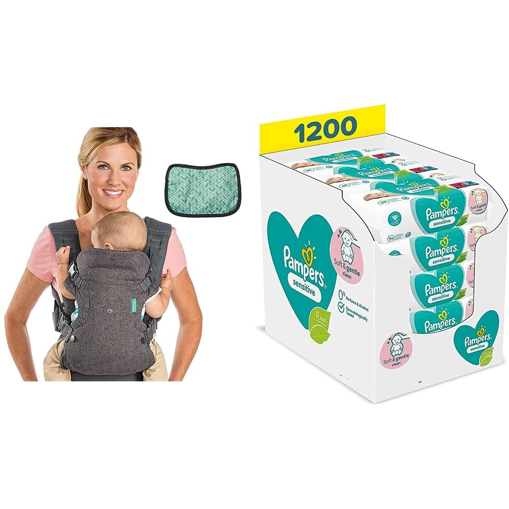 Pampers Sensitive Flip Advanced 4-in-1 draagzak met slabbetje en doekjes, 1200 doekjes (15 x 80) voor de gevoelige huid van baby's, dermatologisch getest, essentiële benodigdheden voor pasgeborenen