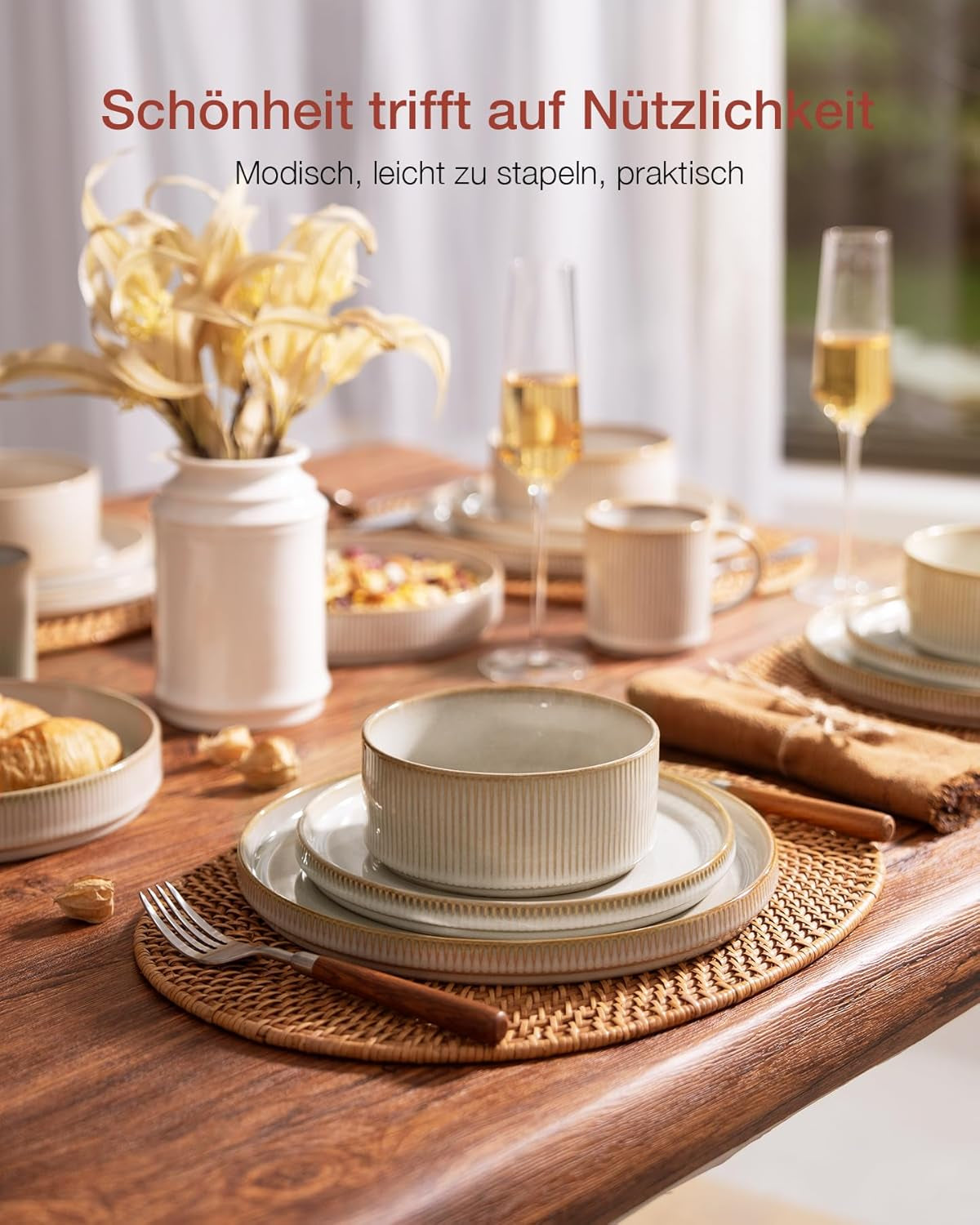 Star 18-delige serviesset, 6-persoons serviesset, porselein, krasbestendig, magnetron- en vaatwasmachinebestendig, cappuccino wit