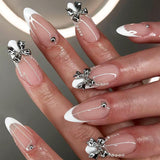 24pcs Witte Amandelpers op Franse nagels met strikken Parels Nepnagels Lijm op valse nageltips Glitternagels