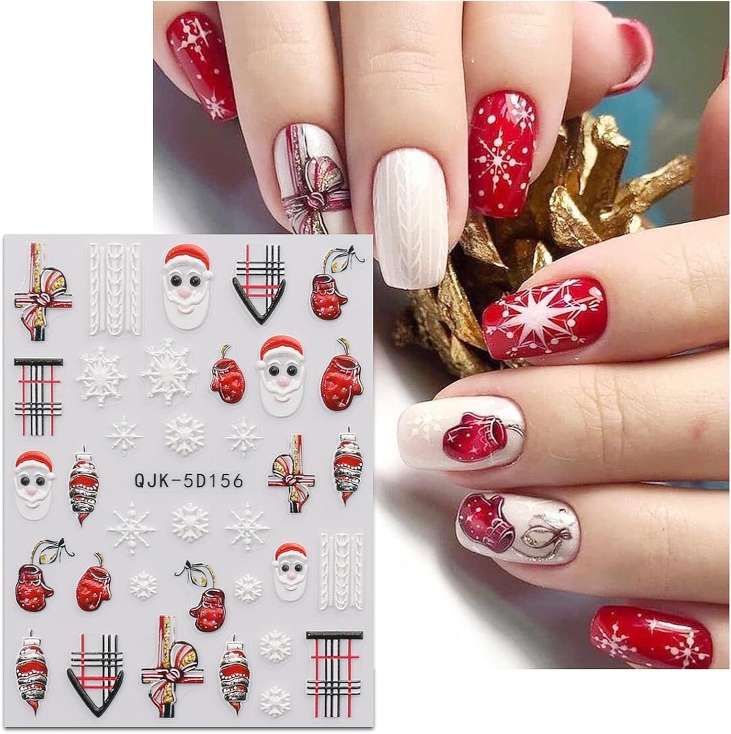 JMEOWIO 3D Nagelsticker Weihnachten Nail Art Sticker Selbstklebend Nagelaufkleber 5D Stereoskopisch Schneeflocke Xmas Winterurlaub Niedlich Decoratie Nageldesign Zubehör 4 Blatt
