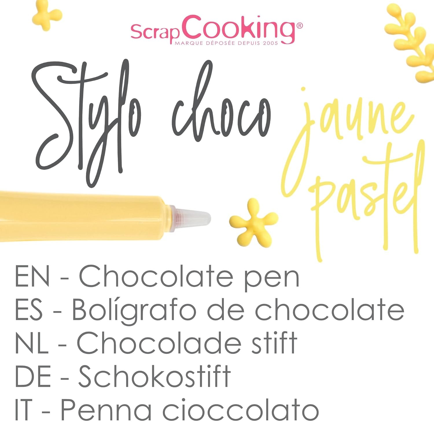 Scrapcooking - Pastelgele suikerpen - Gele schrijfsuiker 25g - Decoratieve eetbare suikerpen - Schrijven en tekenen - Etikettering van fondant, glazuur, cakes - 6804