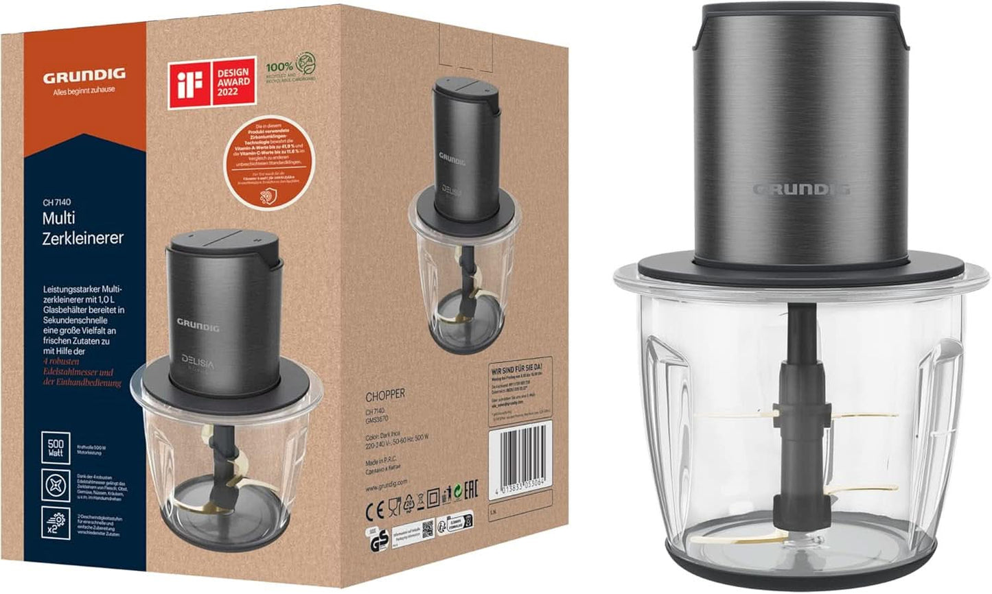 Grundig Delisia Novus CH 7140 Professioneller Multi-Zerkleinerer, 500 Watt, 4 Edelstahlmesser Mit Zirkonium-Beschichtung, 1L Glasbehälter, 2 Stufen, Anti-Slip-Unterlage, Donker Inox/Schwarz Keuken Naty Shop
