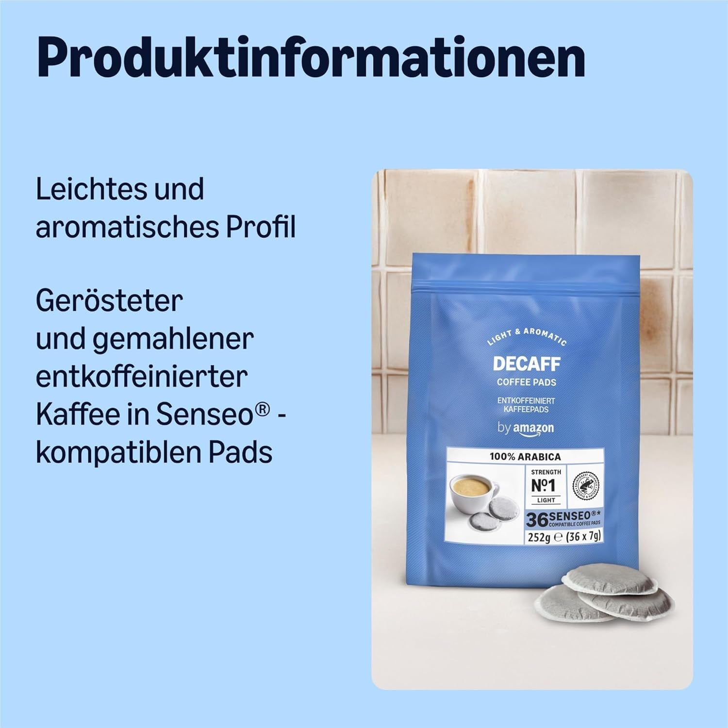 by Amazon Entkoffeinierte 100% Arabica-Kaffeepads, geeignet für Senseo-Maschinen, medium Röstung, 36 Stück (1 Packung mit 36 ​​​​Stück) – Rainforest Alliance-zertifiziert