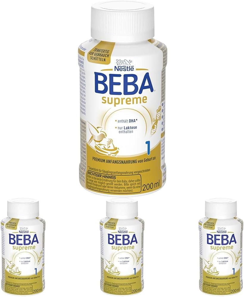 BEBA Nestlé BEBA SUPREME 1 Zuigelingenmelk: kant-en-klare flesjes met Omega 3, verpakking van 4 (1 x 200 ml)