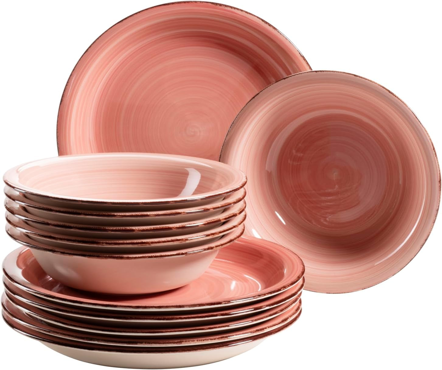 MÄSER 931495 Bel Tempo II serviesset voor 6 personen met moderne vintage look, 12-delig servies, handgeschilderd, roze, steengoed