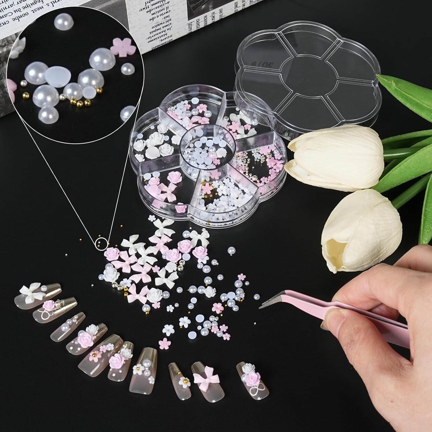 3D Nagelbedels, Nail Art Charms Schleifen, Blumen en Perlen, Nagel Charms Aus Harz, Nageldekorations Sets, DIY Charms Nägel, Nagelanhänger