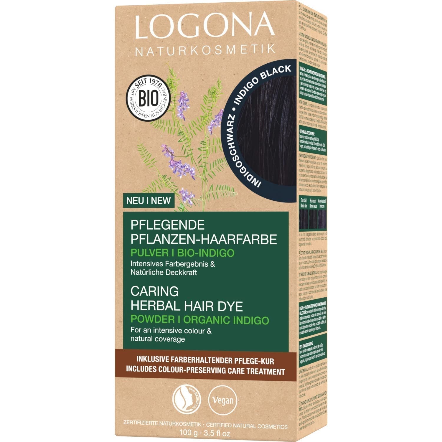 LOGONA Natural Cosmetics Kruiden voedende haarverf, biologische hennapoeder Veganistische haarverf voor intense kleur en glans, Kruidenhaarverf in koperblond (blond), 1 x 100 g Naty Shop Indigo zwarte haarverf 100 g (1 verpakking)