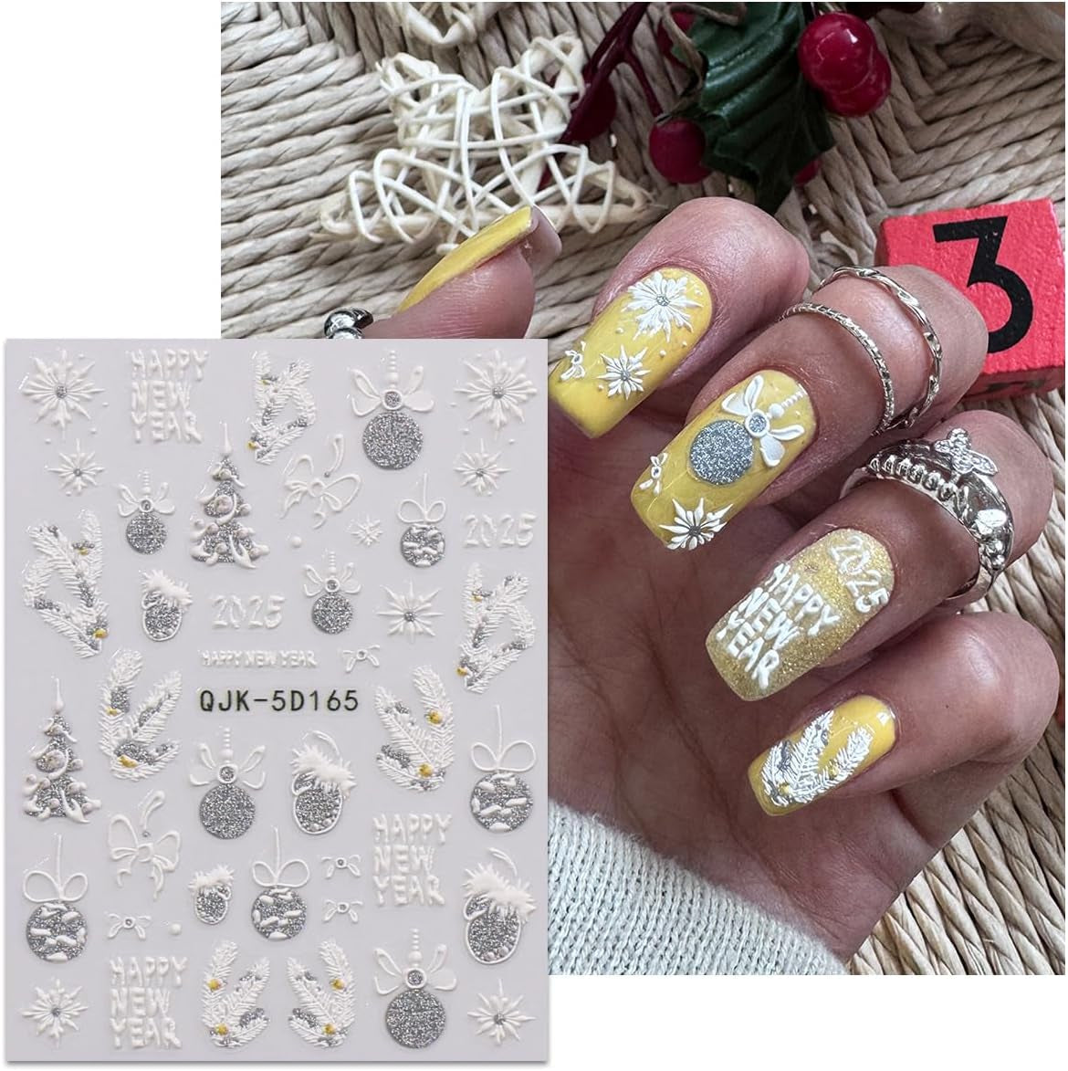 JMEOWIO 3D Nagelsticker Weihnachten Glitzer Nail Art Sticker Selbstklebend Nagelaufkleber 5D Stereoskopisch Schneeflocke Winterurlaub Süß Decoratie Nageldesign Zubehör 4 Blatt
