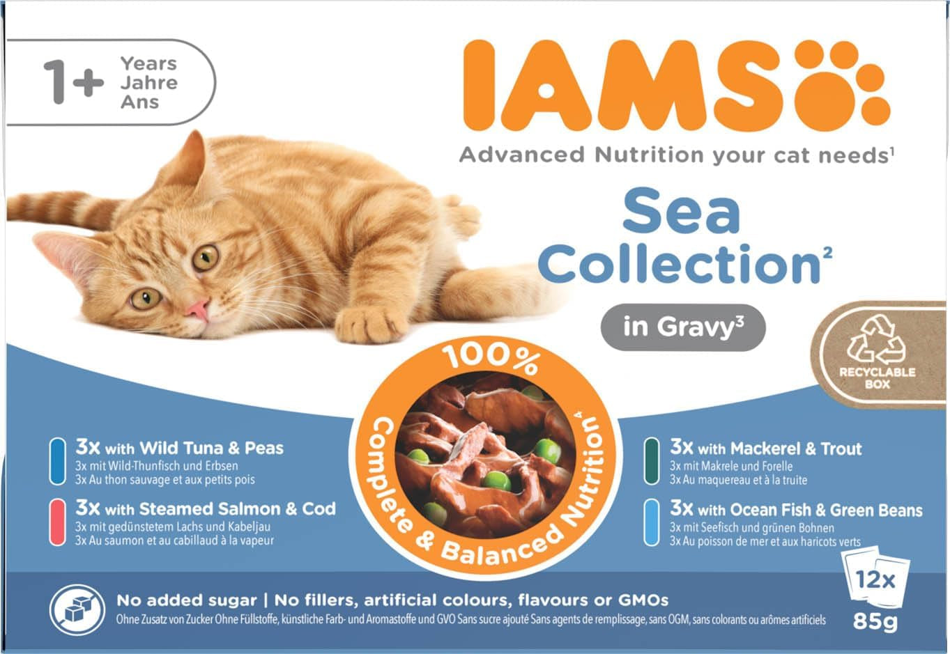 IAMS Delights Sea Collection Katzenfutter Nass - Multipack met vissortering (Lachs, Thunfisch, Makreel, Seefisch) in saus, Nassfutter für Katzen vanaf 1 jaar, 12 x 85 g
