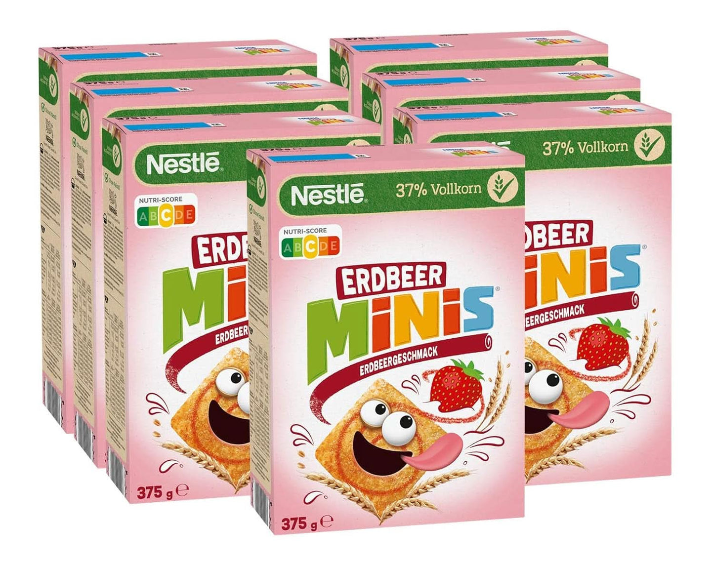 NESTLE Strawberry Minis, ontbijtgranen met aardbeiensmaak en volkorenmeel, set 7 x 375 gram Granen Naty Shop
