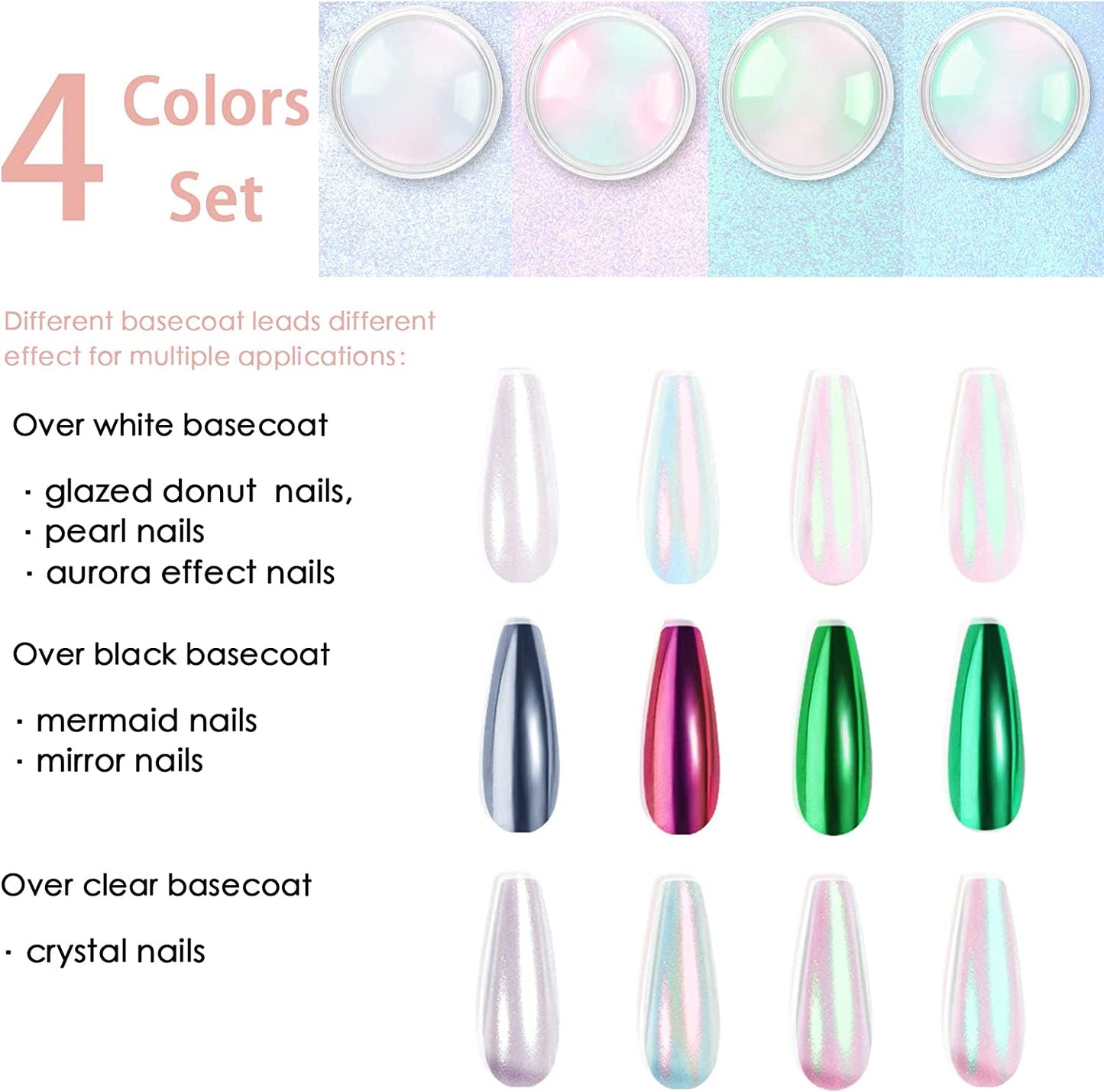 Chrom Nagel Pulver 4 Kleuren Iriserendes Aurora Pulver Metallic Spiegeleffect Pigment Parelmoer Meerjungfrau Glitter Einhorn Glitter voor Gel Polish Nail Art Decoratie-Purpurgrüner Jadeit