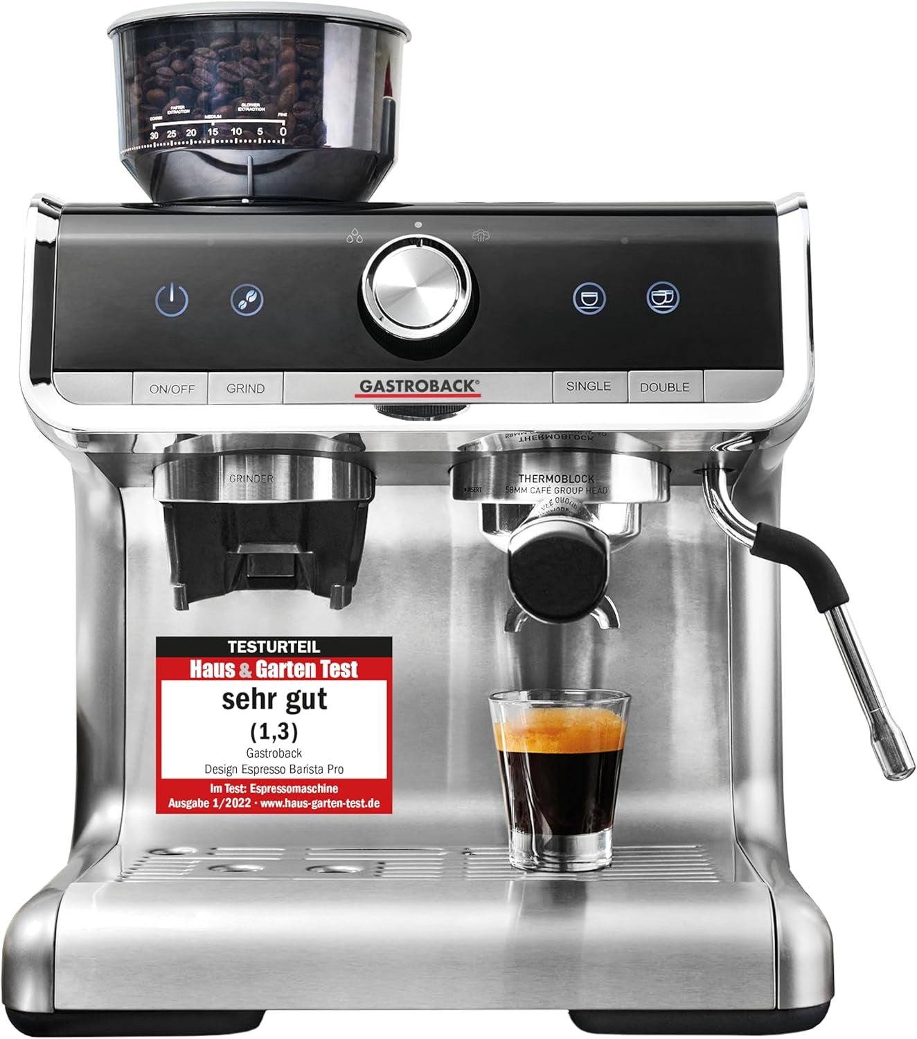 GASTROBACK espressomachine met molen inclusief melkkannetje, aandrukker en RVS portafilter - Barista espressomachine met melkopschuimer - Espressomachine met 30 maalstanden