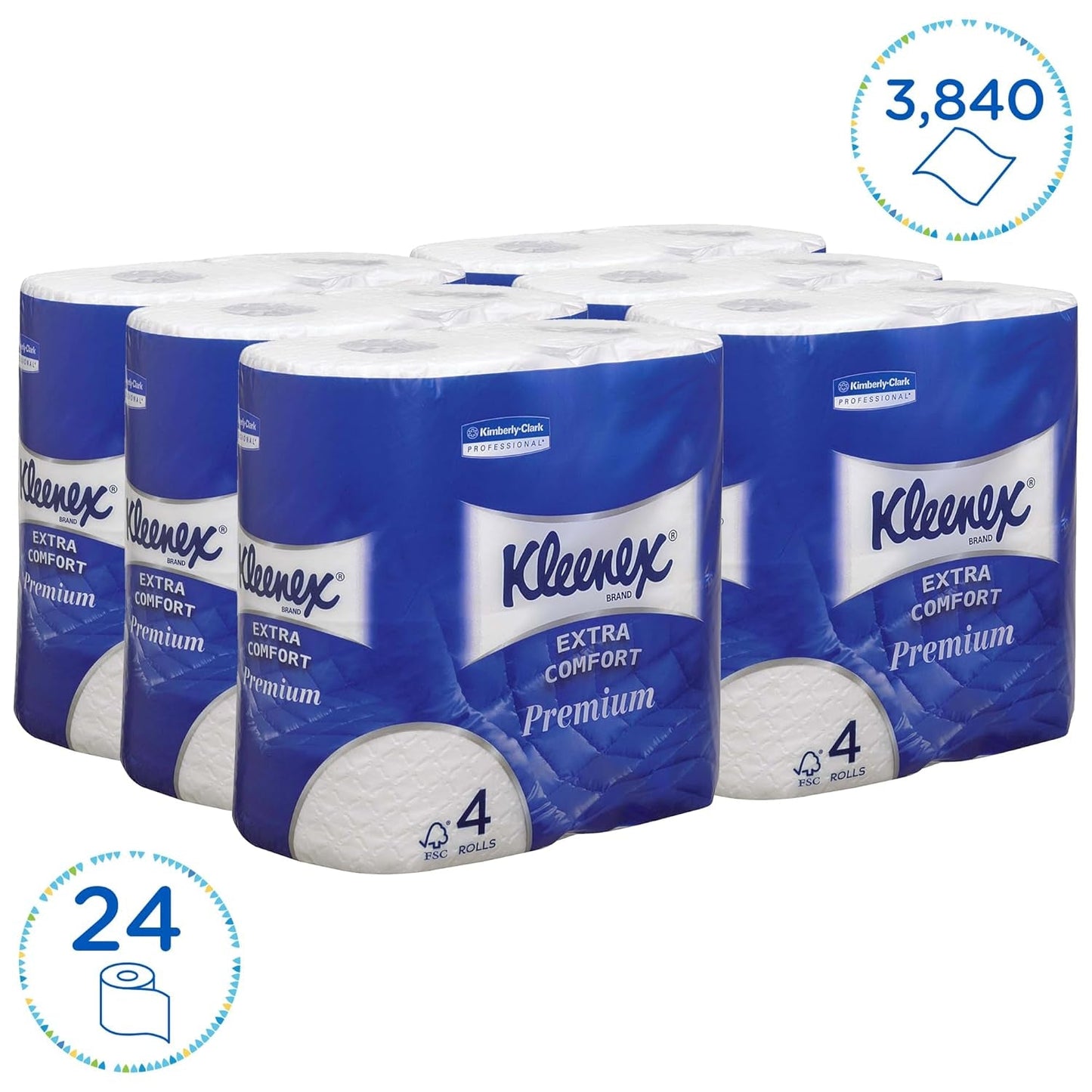 Kleenex Premium toiletpapierrollen 8484, toiletpapier 24 rollen x 160 gepofte vellen, 4-laags toiletpapier, 100% zuivere vezels, hoge kwaliteit, scheurbestendig en zacht (2-pack)