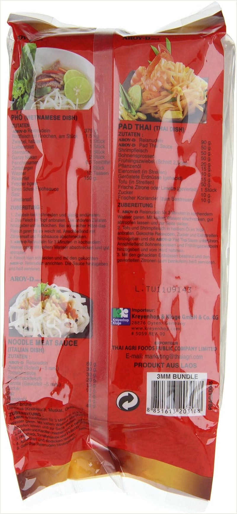 Aroy-D Rijstnoedels Glutenvrij 3 mm-verpakkingen (1 pak x 375 g)