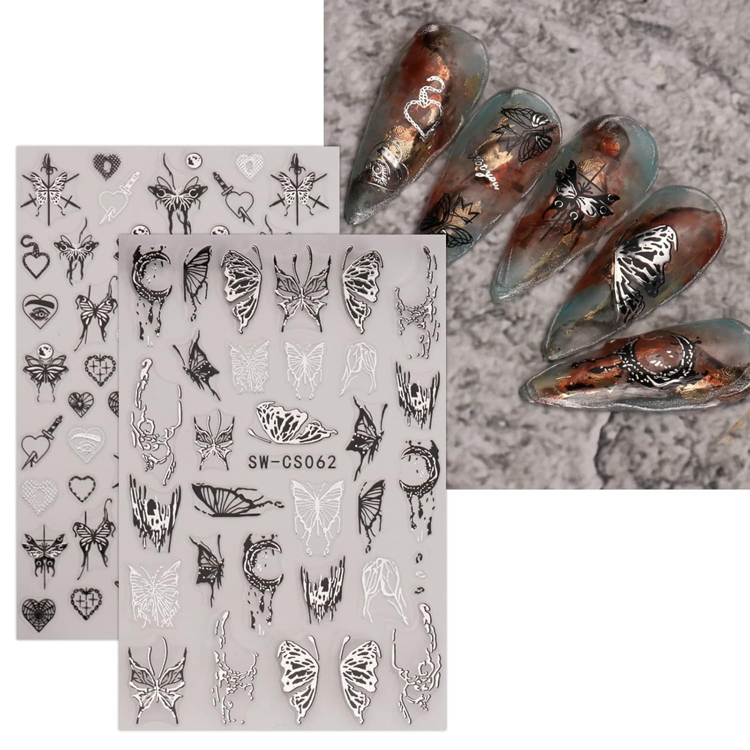 JMEOWIO Nagelsticker Schmetterling 9 Blatt Nail Art Sticker Selbstklebend Nagelaufkleber Mond Decoratie Nageldesign Zubehör