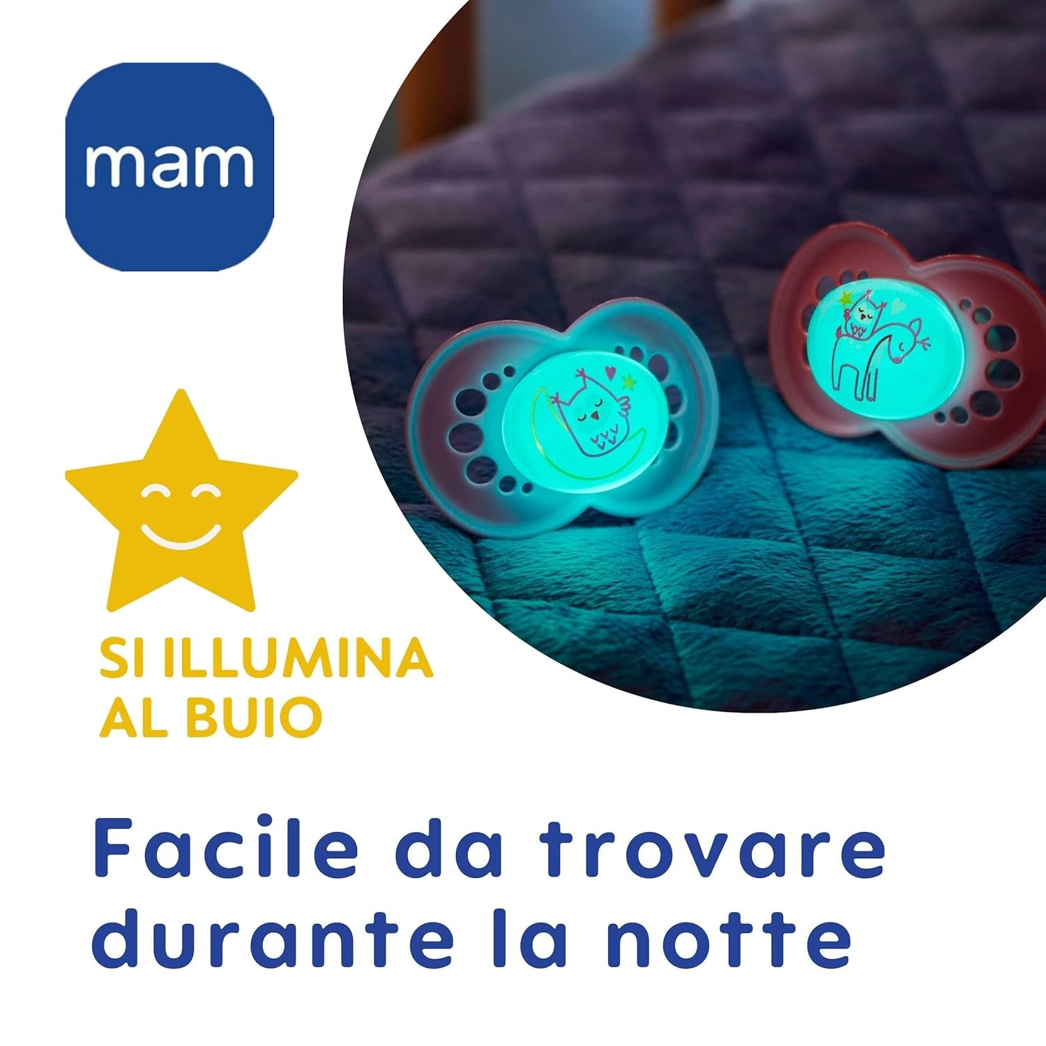 MAM Fopspeen 6+ Maanden (2 Stuks) MAM 6-16 Maanden Glow in the Dark met Rubberen Speen, 2 Stuks met Steriliserende Fopspeenhouder, Lichtblauw/Lichtblauw