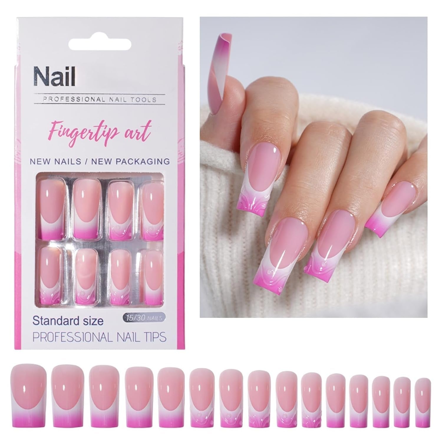 30 stuks Franse nepnagels - lijm op kunstnagels - zachte gelnagels voor dames - acryl zelfklevende nagels vierkante manicure (Frans roze)