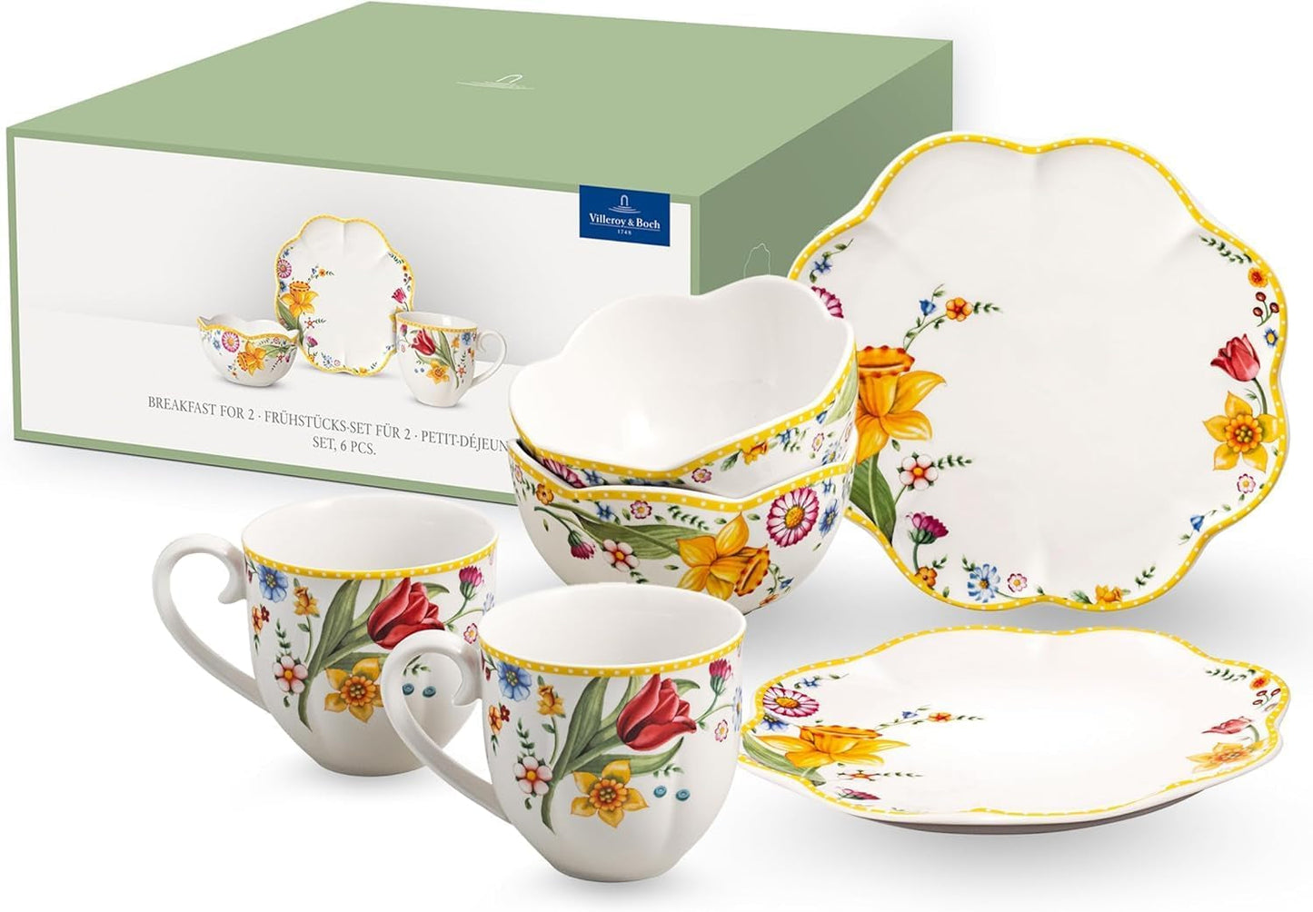 Villeroy & Boch - Spring Awakening Ontbijtset voor 2, 6-delig, Paasserviesset, Ontbijt, Pasen, Koffieservies, Lenteservies, Porselein