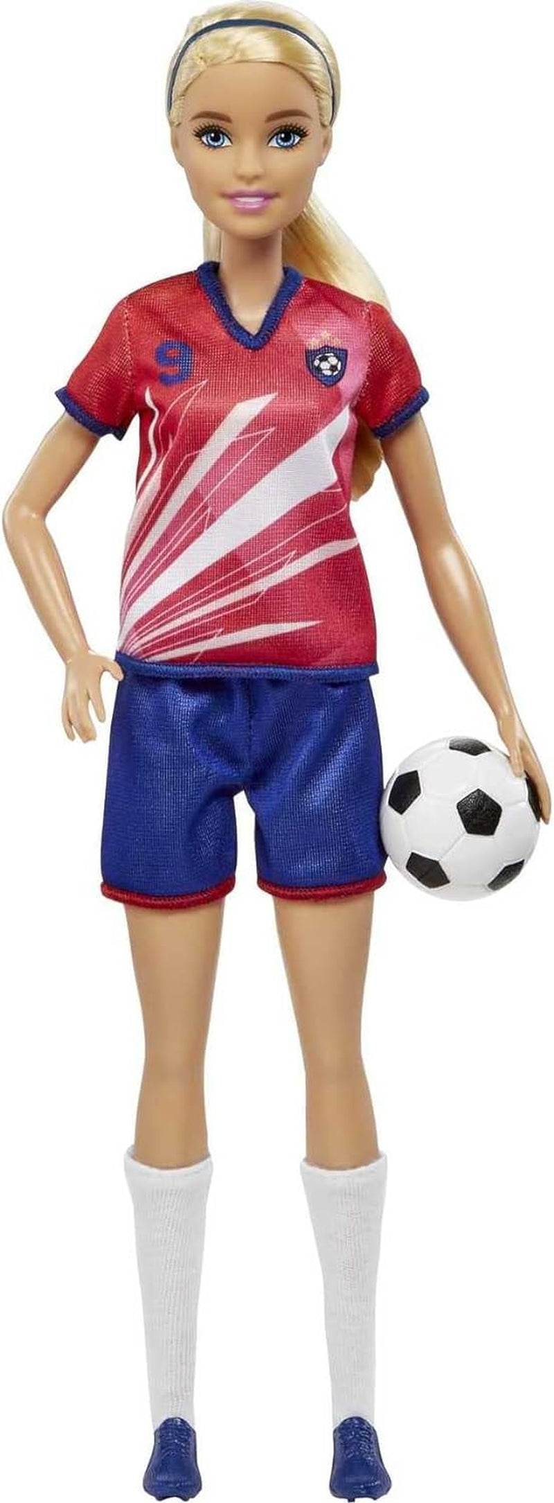 Barbie You Can Be Anything-serie, voetbalspeler, voetbalspeler met blond haar, rode en blauwe trui, bal, accessoires, pop inbegrepen, cadeau voor 3 jaar en ouder, HCN17