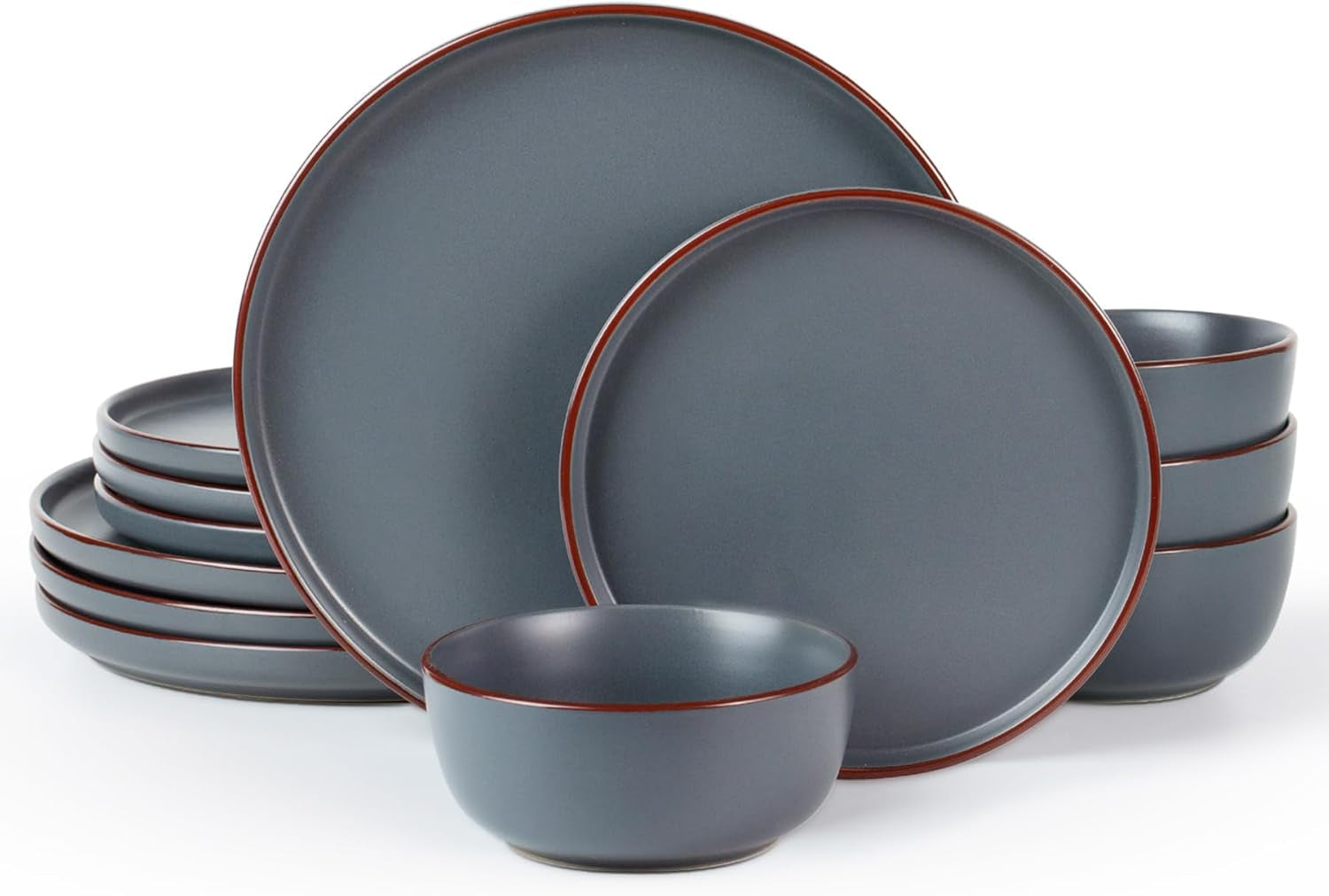 Mercury serviesset, 12-delige serviesset, 4-persoons aardewerk serviesset met dinerborden, dessertborden, ontbijtgranenschalen, magnetron- en vaatwasmachinebestendig, antracietgrijs