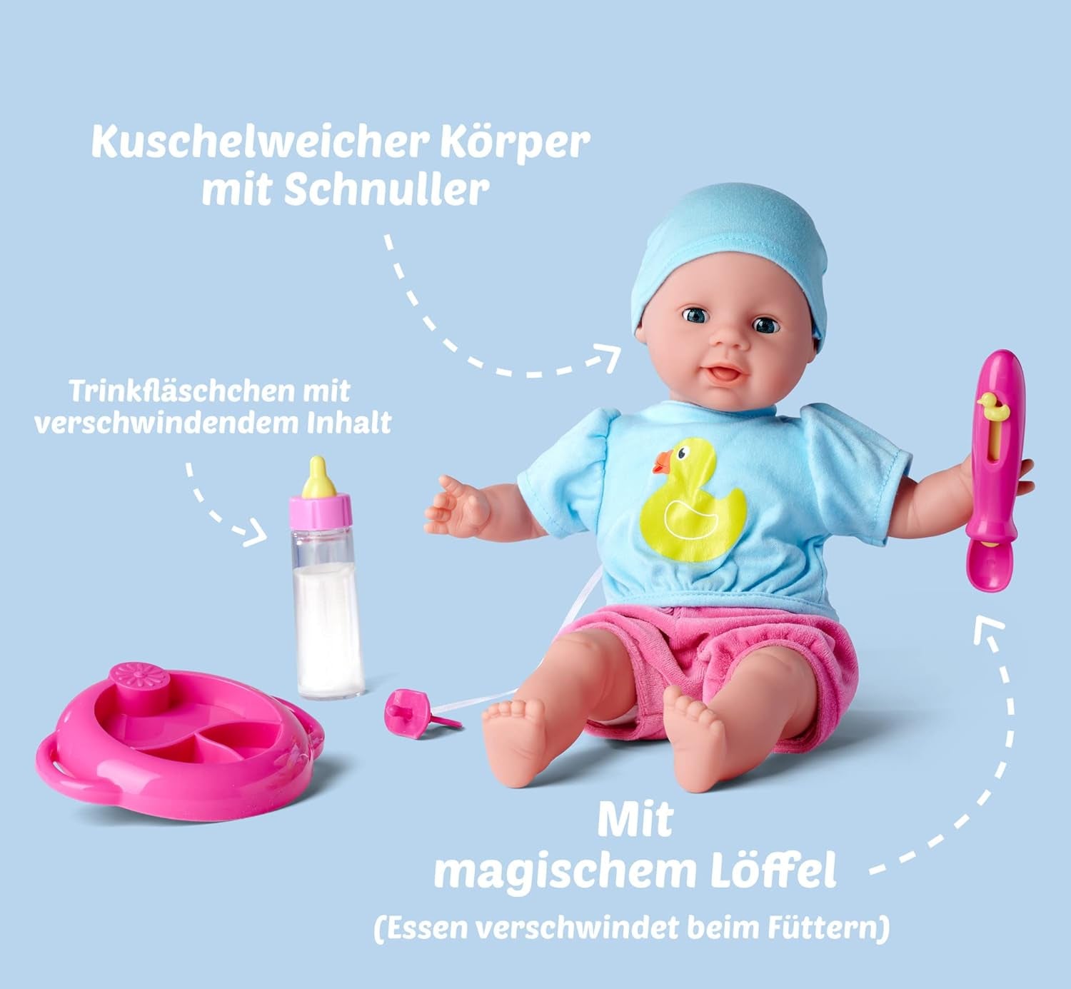 Simba 105010964 - Laura Hungry pop met zacht lichaam met mannequin, magische lepel, fles met verdwijnende inhoud en klein bord, 38cm, pop vanaf 2 jaar Naty Shop Dolls