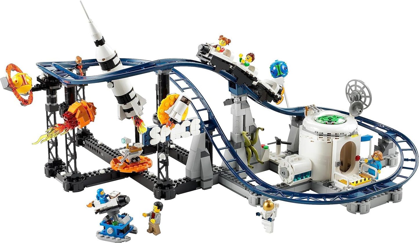 LEGO 31142 Creator 3-in-1 ruimteachtbaan speelgoedset voor kinderen met werkende karren, kan worden omgebouwd tot een vrije val-toren of carrousel met raketten en gloeiende stenen Bouwsets