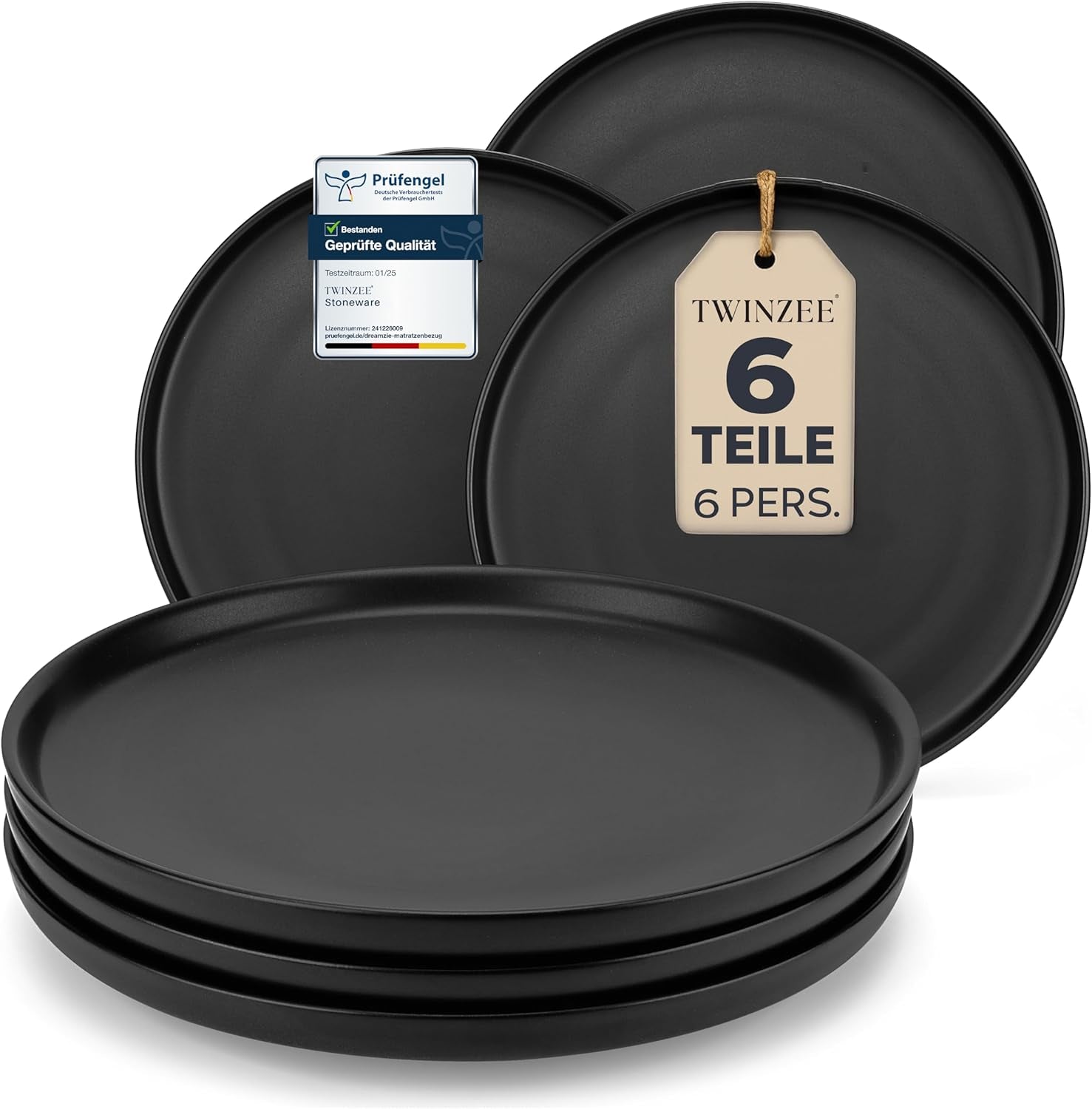 Steengoed bordenset voor 6 personen - Matzwarte 6-delige set Grote magnetronbestendige borden Elegant ontwerp - Twinzee Ebony Collection