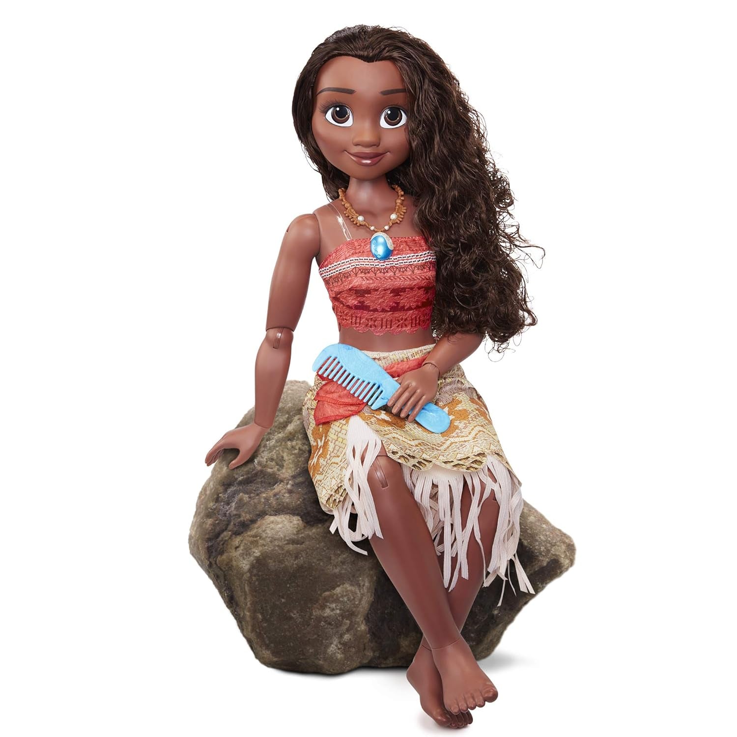 Disney Princess Moana 80 cm speelpop van Jakks Pacific Beweegbare pop met borstel om haar golvende krullen te kammen Filmgeïnspireerde jurk Afneembare ketting met hanger Poppen Naty Shop